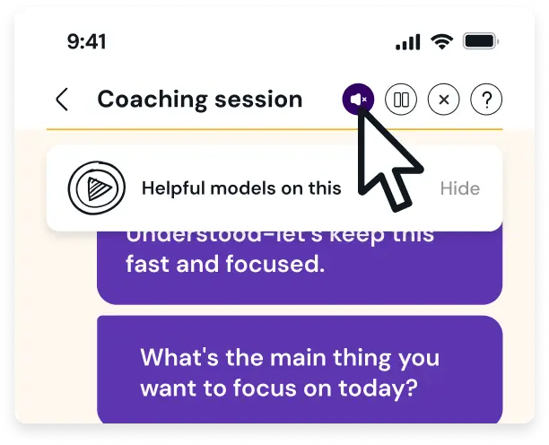The current Genio coaching session screen, with its session controls and a ‘Helpful models on this’ bar suggesting related coaching videos