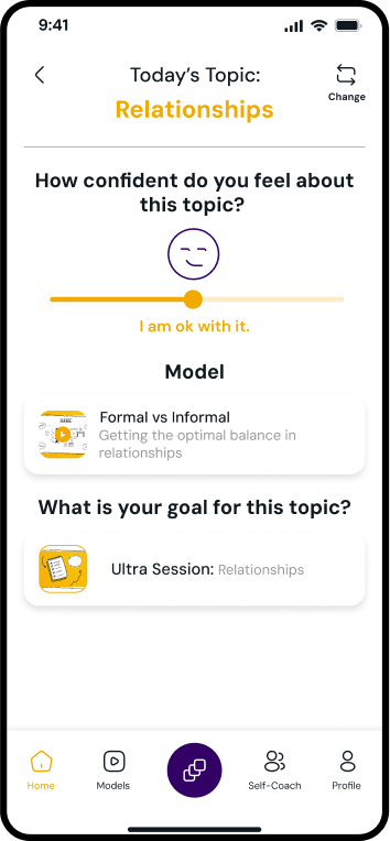 A Genio session screen for today’s topic, Relationships, with a confidence slider, a suggested coaching model and a goal question